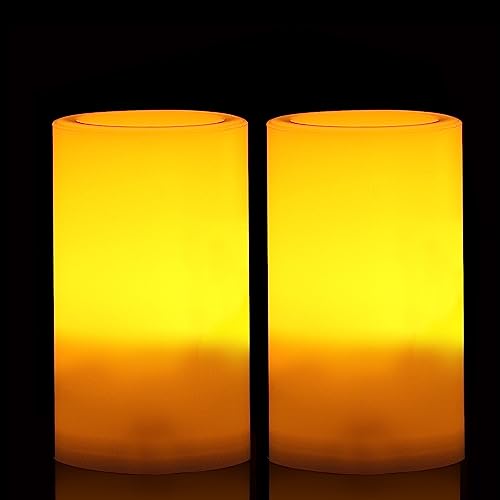 Image of CANDLE CHOICE Outdoor Battery Operated Flameless Candles with Remote Timer Waterproof Flickering Plastic Electric LED Pillar Lights for Lantern Patio Garden Wedding Party Decorations D3 inchxH5 inch 2 PCS