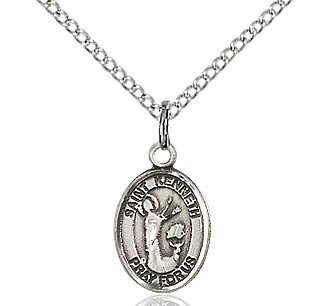 Bonyak Jewelry Saint Medal Collection Sterling Silver St. Kenneth Pendant 1/2 x 1/4 inches with Sterling Silver Lite Curb Chain