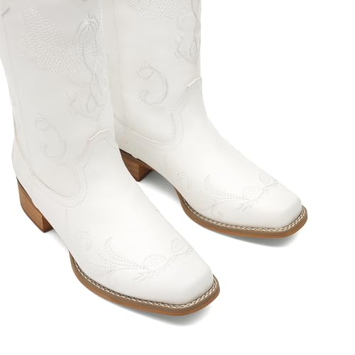 Image of DREAM PAIRS Women's Square Toe Cowboy Cowgirl Boots Pull On Low Chunky Heel Mid Calf Western Boots with Embroidered Stitched for Theme Party Country Concert