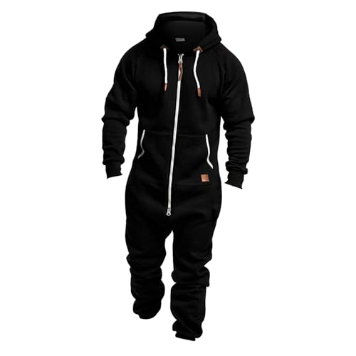 Mono Hombre Pijama Combinación con Capucha y Cremallera Estampado Camuflaje Mono de Manga Larga de Forro Polar Onesie de Una Pieza Invierno Cálido, Negro , XXXL