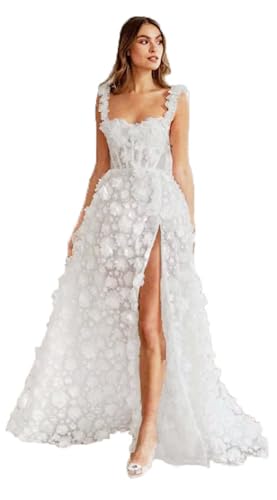 3D Flower Prom Dresses Long A-line Spaghetti Straps Split Formal Evening Dresses 2025