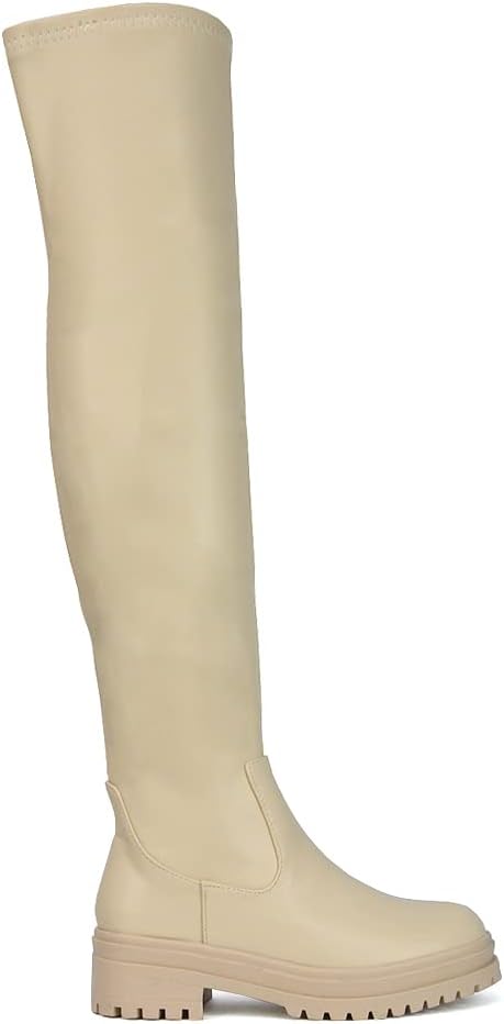 Womens Over The Knee Boots Ladies Chunky Sole Stretch Upper Thigh High Biker Long Shoes (10, Beige Synthetic Leather, Numeric_10)