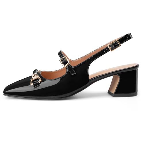 Oh Mispares Slingbacks Block Heels for Women Square Toe Low Heels Adjustable Buckle Strap Slip on Fashion Slingback Spring Summer Dress Pumps,(Black Size 10.5)2