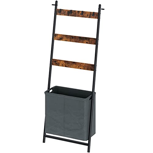Image of Rolanstar Ladder Shelf with Storage Basket, Blanket Holder Rack with 4 Hanging Hooks, Wall Leaning Ladder Shelf Stand for Bathroom, Living Room, Rustic Brown