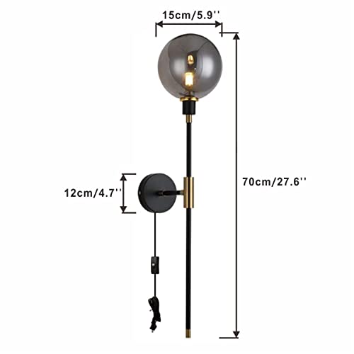 Image of KCO 1-Light Plug in Wall Sconces On /Off Switch Cord Black Modern Wall Mounted Light Fixture with Long Arm Glass Globe Shade Wall Lamp for Bedroom Living Room Kitchen Hallway (Smoke Gray & 2-Pack)
