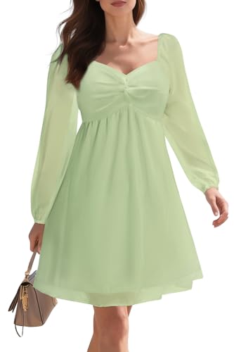 Image of Pinup Fashion Women Graduation Dress Sage Green Puff Long Sleeve Homecoming Engagement Sweetheart Neckline Short Chiffon A Line Dress, Small