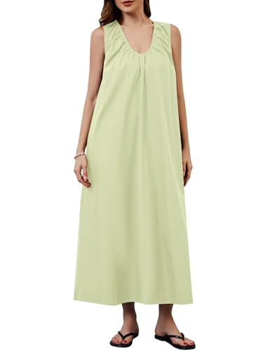 Image of OLAPTA Women Summer Sleeveless Maxi Dress Scoop Neck Ruched Loose Fit Casual Elegant Solid Vacation Long Dress with Pockets