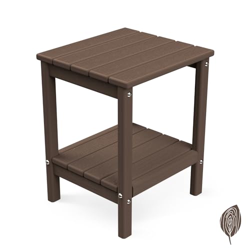 GREENVINES Adirondack-Outdoor-Side-Table | Wood Grain | 14 x 13 Inches | HDPE Plastic | All Weather | Dark Brown | Outside End Tables | Storage Shelf