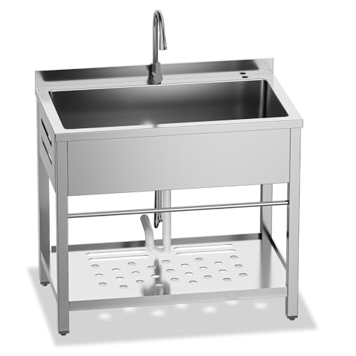 Image of Stainless Steel Utility Sink Freestanding Single Bowl Garage Sink 33 Inch