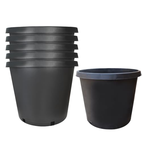 findmall Short 15 Gallon Premium Nursery Plastic Planter Flower Herb Vegetable Garden Grow Pots with Drainage Holes for Outdoor and Indoor Use Black 5 Pack