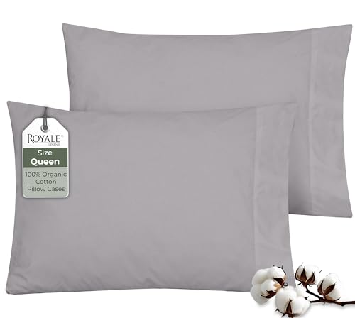 Image of ROYALE LINENS 100% Organic Cotton Percale Pillowcases Set of 2 - Queen Size Percale Pillowcase - Queen Set of 2 Pillow Cover - Breathable, Cool & Crisp Pillow Cases (20 inchx30 inch, Silver)