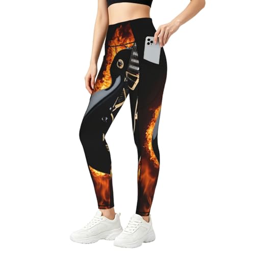 Leggings con estampado de guitarra eléctrica de diseño elástico con bolsillos funcionales