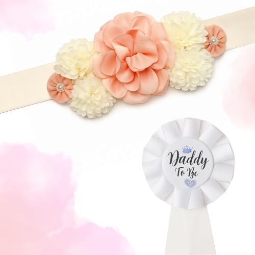 Image of Wanna Party Maternity Sash Floral Waistband and Corsage Set - Floral Belly Band with Dad to Be Pin for Baby Shower Party Decorations and Pregnancy Photoshoot Gift