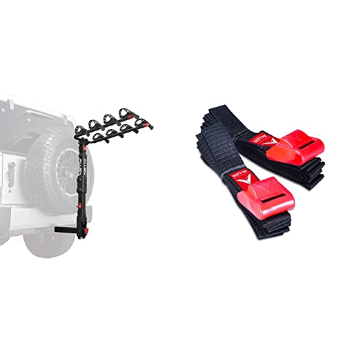 Image of Allen Sports Premier Locking Quick Release 4-Bike Carrier for 2 Inch Hitch on Vehicles with Spare Tire, Model 400QR, Black & Sports 8 Ft Polyester Cargo Straps with Padded Cam Buckles, Model 508S