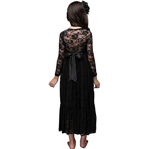 Aibaowedding Children's Boho Lace Dress, Princess Dress with Tie Belt, Girls Chic A-line Long Flower Dresses, Bridesmaid Dress, black, 8 Years Cover