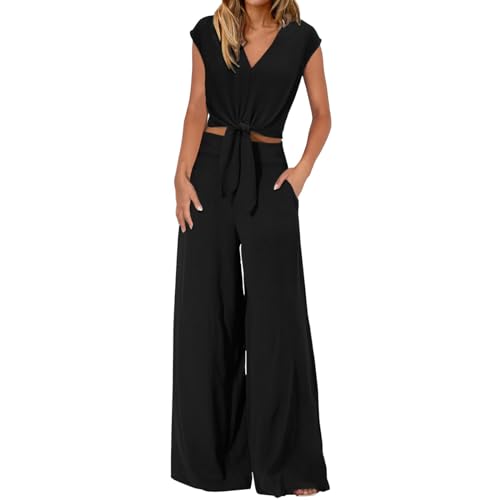 Conjunto de pantalón de pierna ancha y top con manga casquillo y cinturón para mujer moderna