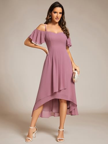 Image of Ever-Pretty Women's Summer Cold Shoulder Hi-Lo Asymmetrical Hem Flowy Chiffon Short Wedding Guest Dress 02103