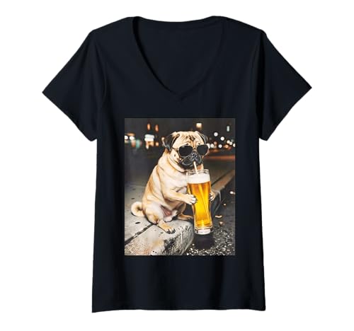 Women's Pug Dog Drinking Beer Funny Meme Animal Lover Men Women V-Neck T-Shirt