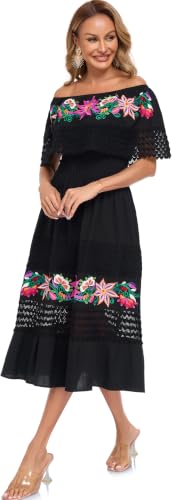 Image of YZXDORWJ Women Embroidered Mexican Peasant Casual Sexy Lace Off-Shoulder Long Dress