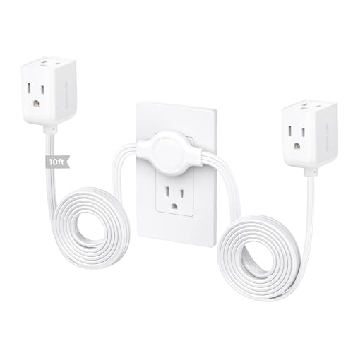 Image of TROND Split Extension Cord with Flat Wall Plug, Twin 10ft Each Side, White | Low-Profile Dual End 3 Outlets Extender, 1625W for Indoors Behind the Middle of Sofa Couch Bed TV Stand, Easy to Hide