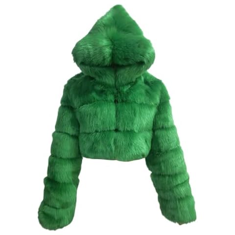 iQKA Women Short Faux Coat Cropped Fluffy Jacket Hooded Winter Warm Fuzzy Splicing Jackets Long Sleeve (X2-Green, L) Cover