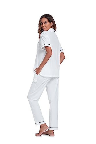 Image of COLORFULLEAF Women's 100% Cotton Pajamas Set Button Down Sleepwear Short Sleeve Shirt and Long Pants Soft Ladies Lounge Sets