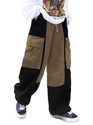ZAFUL Men's Corduroy Cargo Pants Two-Tone Baggy Track Pants Unisex Streetwear Y2K Pants Casual Trouser