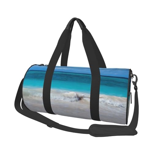 Tropical Beach Scene Turquoise Water Duffle Bag, High Capacity Round Sports Luggage Bag With Interior Organizer & Side Storage Pockets