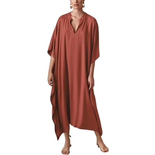Bsubseach Women Kaftan Dresses Caftan Loungewear Maxi Dress Swimsuit Cover Up Beachwear B-orange Red