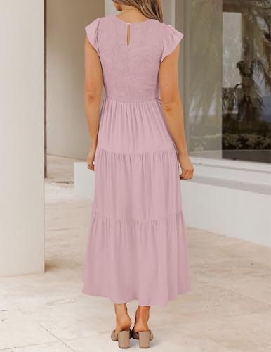 Image of ZESICA Women's 2026 Summer Casual Flutter Short Sleeve Smocked Midi Dress
