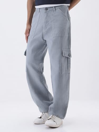 Image of Urbano Fashion Men's Loose Mid Rise Baggy Fit Cargo Jeans with 6 Pockets Non-Stretchable