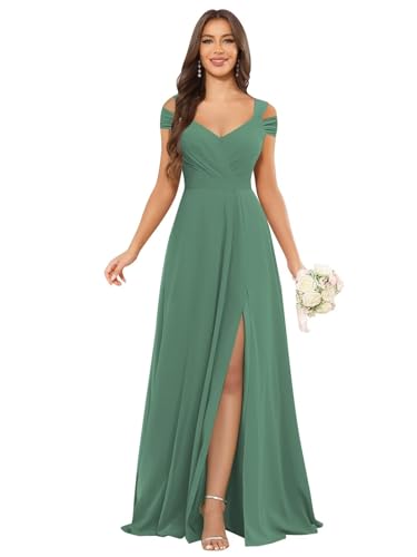Image of petyoo Off Shoulder Chiffon Bridesmaid Dresses with Slit Long Formal Evening Dress
