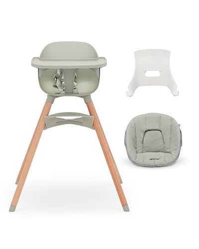 Image of Lalo The High Chair Infant Kit - Convertible Wooden High Chair for Babies & Toddlers with Infant Support & Cushion, Grows with Your Child, Dishwasher Safe Tray, Adjustable Footrest Sage