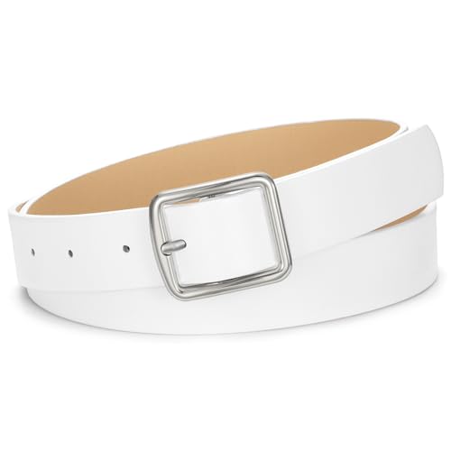 SANSTHS Women's Leather Belt for Jeans Pants Dresses Fashion Ladies Belt Square Silver Buckle Waist Belt for Women,Silver White,S