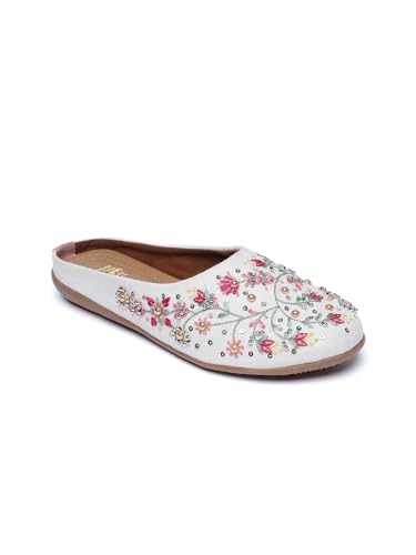 Image of OPIVE's Mehandi Women's Mojari Jutti Ethnic Punjabi Juttis Traditional Flat Embroidered Canvas Fancy Bellies Comfortable Sole for Womens & Girls