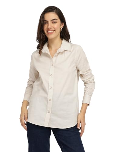 Image of FableStreet Women Shirt | Striped Long Sleeve Polo Collar Button Down | Breathable Linen Blend Fabric | Business Casual & Formal Wear