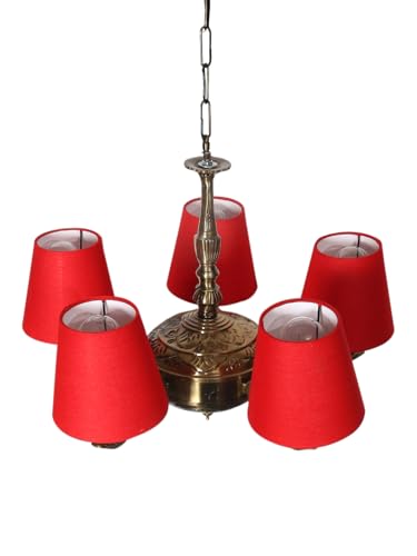 Image of Devansh 05 Lights Red conical Cotton Shade with Antique Golden Chandelier
