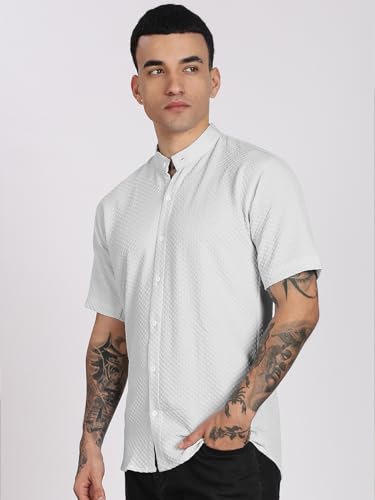 Image of Men's Regular Fit Solid Casual Shirt - Short Sleeve, Mandarin Collar, Lightweight Polyester, Stylish Everyday Wear
