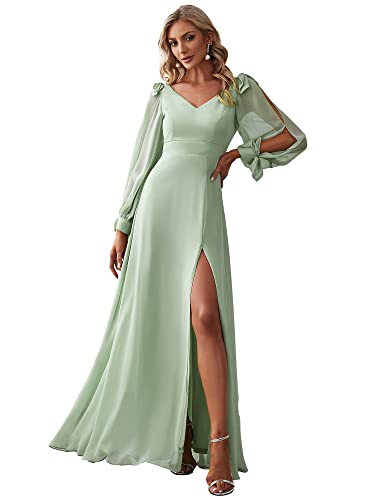 Image of Ever-Pretty Women's Fall Winter Formal Wedding Guest Dress Long Sleeve V Neck Chiffon Floor Length Bridesmaid Dresses 80116