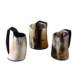 Handicrafts Home Viking Drinking Horn Mug Set of 3, Real Natural Ox Horn Beer Mug with Handle, Handmade Medieval Viking Horn Drinking Mug for Mead, Beer & Wine, Unique Viking Gifts for Men (5 oz)