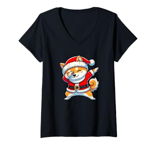 Mujer Navidad Shiba Inu Santa Funny Shiba Inu Amante Camiseta Cuello V