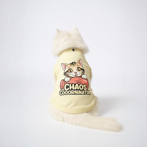 Image of Thunder Tails Printed Cat T-Shirt for Small to Large Cats & Kittens | Lightweight Breathable Cotton Pet Apparel | Cute & Stylish, Comfortable Round Neck Cat Clothes (L, Butter Yellow)