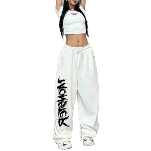 CBDAO Pantalones deportivos callejeros de hip-hop con estampado de letras para mujer, pantalones sueltos de pierna recta, pantalones de baile callejero, Blanco, Large