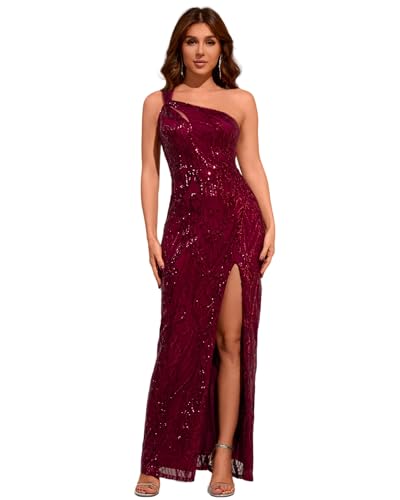 Women Elegant Evening Gowns, One Shoulder Sequin Formal Dresses, Red Slit Dress for Prom Weading
