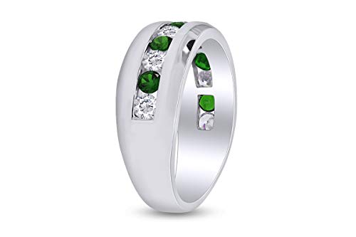 AFFY Simulated Green Emerald & White Cubic Zirconia Wedding Band Men in925 Sterling Silver Ring Size- 13