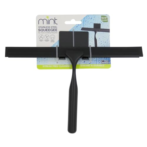 Image of J&V TEXTILES All-Purpose Stainless Steel Shower Squeegee for Glass Doors with Adhesive Hooks, Squeegee for Shower Glass, Bathroom Household Cleaner Tool, 10 Inch (Black)
