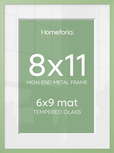 Image of Homeforia 8x11 Green Picture Frame, High-End Metal, 6x9 Mat, Glass | High End Aluminum, Tempered Glass, Acid-Free 6x9 Removable Mat, 8x11 in Edge-to-Edge Display 11x8, Wall Kit, Set Of 2