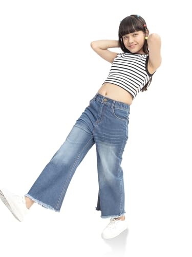 Image of olele Girls Super Jeans Collection for 4-14 Yrs | Stretchable Cotton Denim Trousers | Blue Jeans for Kids | Baggy Denim Pants | Cargo Pants for Girls