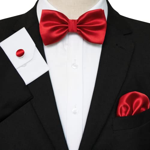 Jemygins Red Bow Tie Pre-Tied Silk Bowtie And Pocket Square Cufflinks Sets For Men #TOP1