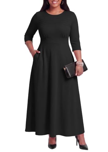 Image of FANDEE Fit-and-Flare Maxi Dress Round Neck Pleated Front Side Pockets | Front pleats soft flatter your bust shape; Empire Waist lengthen your figure; 3 /4 sleeves round neck suit for many occasions